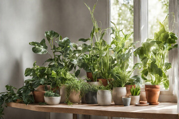 Different beautiful indoor plants on a table. House decoration. Generative AI