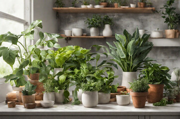 Different beautiful indoor plants on a table. House decoration. Generative AI