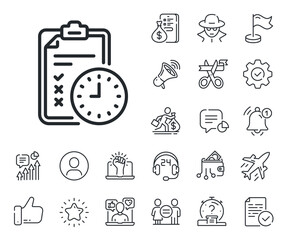 Checklist sign. Salaryman, gender equality and alert bell outline icons. Exam time line icon. Exam time line sign. Spy or profile placeholder icon. Online support, strike. Vector