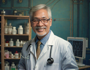 Portrait of senior male doctor  in background at hospital, Medicine and healthcare concept
