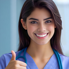 Portrait of a young nursing student standing hospital, dressed in scrubs