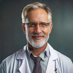 Smiling Male Doctor Against Gray Background at Hospital, Medicine and healthcare concept