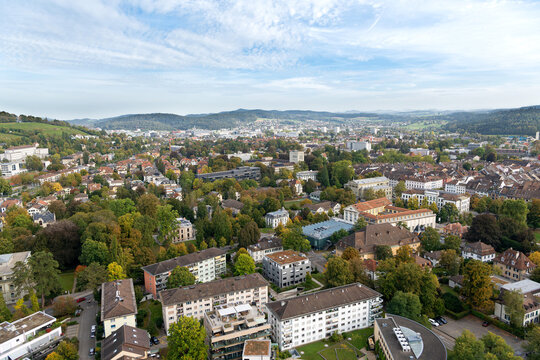 Aerial cityscape view of Seen and Oberwintherthur districts in Winterthur, Zurich, Switzerland