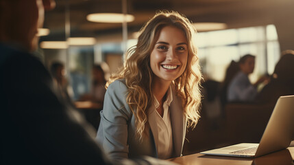 Portrait of happy and successful female programmer inside office at workplace, worker smiling and looking at camera with laptop, golden hour