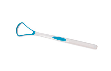 Tongue cleaner isolated on white background. Close-up. Prevention of dental plaque and caries. Fresh breath. Dentistry concept. Oral care.
