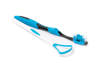 Tongue cleaner isolated on white background. Close-up. Prevention of dental plaque and caries. Fresh breath. Dentistry concept. Oral care.