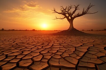 Dry land with dry tree at sunset. Global warming concept