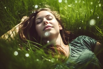 beautiful young woman lying in a field