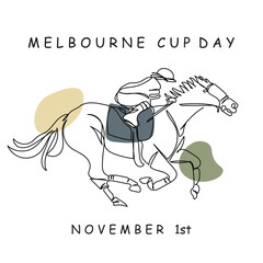 Fototapeta premium ockey on racing horse. Champion. Hippodrome. Racetrack. Horse riding. Derby. Speed. Isolated on white background. Vector illustration continuous line art. Melbourne cup day November. Vintage postcard