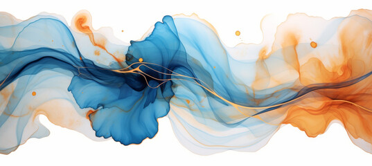 Abstract marbled ink liquid fluid watercolor painting texture banner illustration - Blue orange petals, blossom flower flowers swirls gold painted lines, isolated on white background