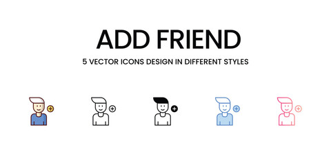  Add Friend Icons Design in Five style with Editable Stroke. Line, Solid, Flat Line, Duo Tone Color, and Color Gradient Line. Suitable for Web Page, Mobile App, UI, UX and GUI design