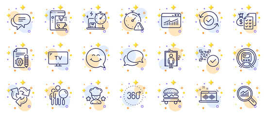 Outline set of Elevator, Security confirmed and Attention line icons for web app. Include Messenger, Search people, Accounting wealth pictogram icons. 360 degrees, Metro subway. Vector