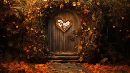 An autumnal garden scene with fallen leaves leading to a heart-shaped door made of intertwined...