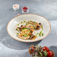 Side view of grilled turkey fillet steak, zucchini, and mushrooms served on a square white ceramic plate. Minimalist presentation against a grey concrete backdrop, ideal for a fitness menu