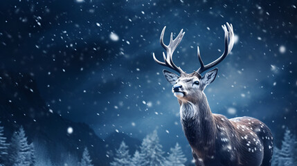 Majestic Deer Amidst a Moonlit Snowfall: A Winter Wonderland Illustration. Generative AI