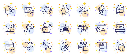 Fototapeta na wymiar Outline set of Journey, Calendar and Pillows line icons for web app. Include World travel, Fishing lure, Ice cream pictogram icons. Carry-on baggage, Puzzle image, Coupons signs. Vector