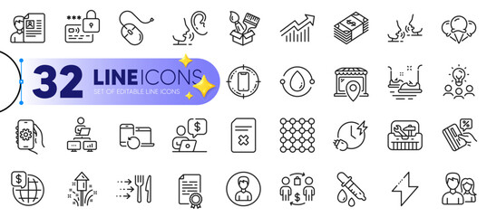Outline set of Lock, Computer mouse and Charging time line icons for web with App settings, Delete file, Talk thin icon. Recovery devices, Ice creams, Smartphone target pictogram icon. Vector