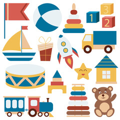 Fototapeta na wymiar Set wooden toys for child. Cute simple baby toys. Teddy bear, boat, drum, car, locomotive, construction set, ball and others. Collection kid items for games, music and sports, isolated vector illustra