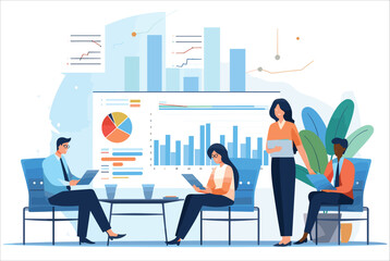 Businesspeople reaching financial goals and reviewing data report, Flat style cartoon vector illustration