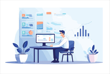 software engineer statistician visualizer analyst working project big data conference, Flat style cartoon vector illustration - obrazy, fototapety, plakaty