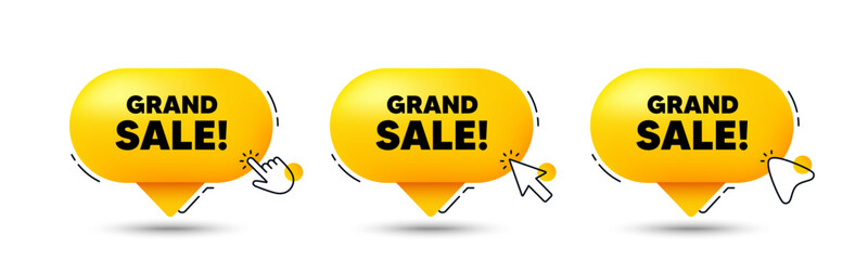 Grand sale tag. Click here buttons. Special offer price sign. Advertising discounts symbol. Grand sale speech bubble chat message. Talk box infographics. Vector