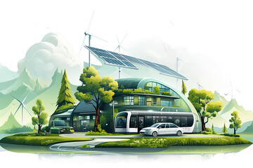 Obraz premium Scene with many buildings and solar cells illustration isolated on a Transparent background. Generative AI