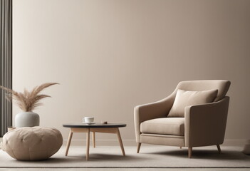 Beige contemporary minimalist interior with armchair, blank wall, coffee table and decor