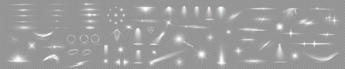 Light Effects. Isolated white transparent stock of light effects, including lens flares, explosions, glitter, dust, lines, sun flashes, sparks, sparkles, stars, spotlights, and curved twirls