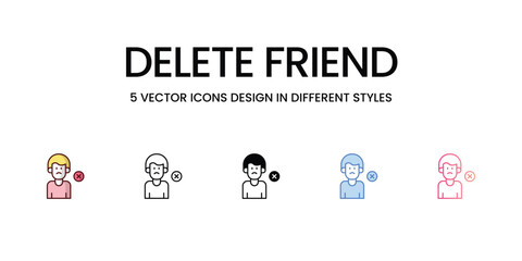 Delete Friend Icons Design in Five style with Editable Stroke. Line, Solid, Flat Line, Duo Tone Color, and Color Gradient Line. Suitable for Web Page, Mobile App, UI, UX and GUI design