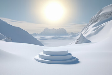 White cylinder podium for product display on the winter background with snowy mountain landscape