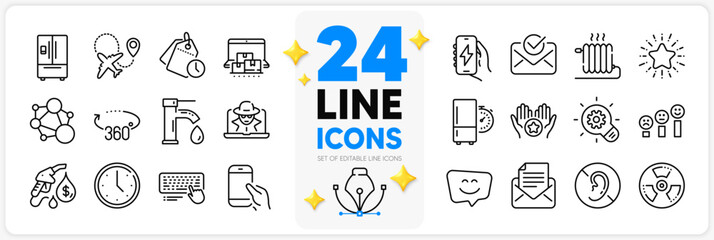 Icons set of Tap water, Time management and Integrity line icons pack for app with Customer satisfaction, Refrigerator timer, 360 degrees thin outline icon. Hold smartphone, Radiator. Vector - obrazy, fototapety, plakaty