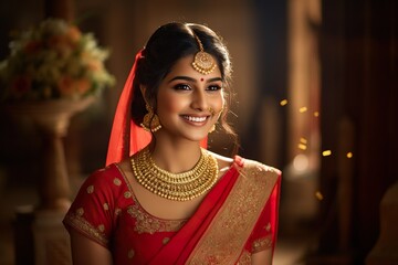 A smiling young female of Indian ethnicity wearing traditional bridal costumes and jewellery - obrazy, fototapety, plakaty