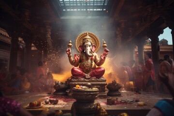 Ganesha statue with devotees in ritual setting