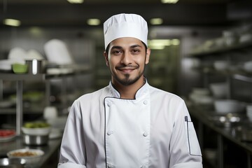 male chef wearing chef's uniform, on kitchen background, bussiness pose, portrait, half body shot. generative AI