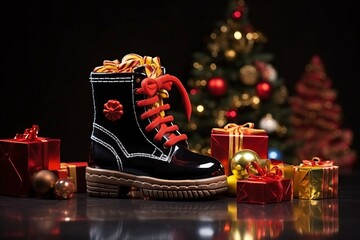 Black shiny child's boot with candies, baubles and small gifts for St. Nicholas Eve
