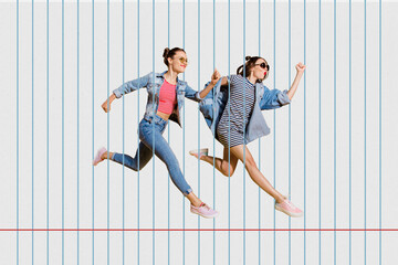 Creative drawing collage picture of young attractive two female running fast summer vacation lines...