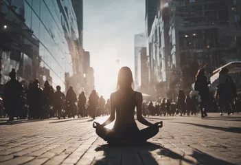 Fotobehang woman meditating at city center © Marko