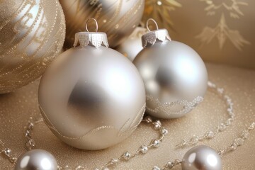 Christmas balls decorated on snowing Ney Year background. Generative AI