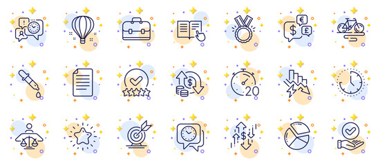 Outline set of File, Money currency and Saving electricity line icons for web app. Include Bike, Rating stars, Target goal pictogram icons. Read instruction, Timer, Clock signs. Vector
