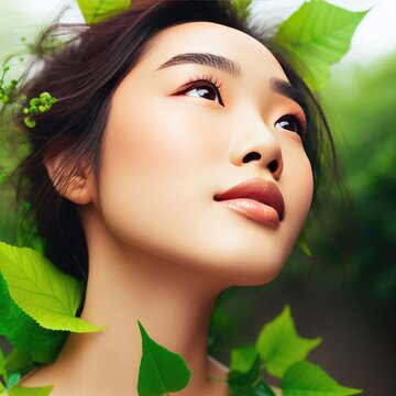 Photo beautiful fresh girl with perfect skin natural makeup and green leaves beauty face photo taken in the studio
