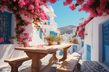 beautiful greek courtyard with white walls and blue doors and windows surrounded by blooming bougainvillea garden on sunny summer day