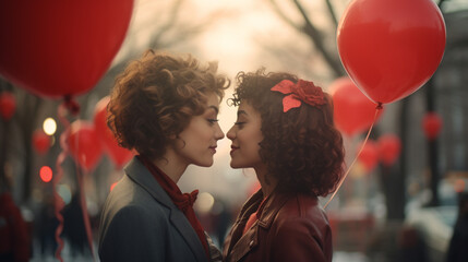 Couple de femmes amoureuses entourées de ballons rouges à la saint Valentin - obrazy, fototapety, plakaty