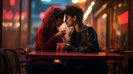 Couple de femmes amoureuses dans un bar