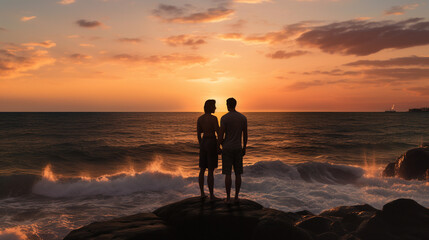 Deux hommes romantiques amoureux sur une plage au soleil couchant