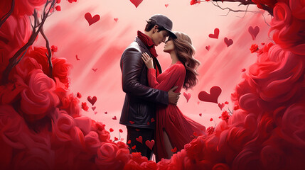 Couple enlacé dans un paysage de coeur rose romantique de saint Valentin - obrazy, fototapety, plakaty