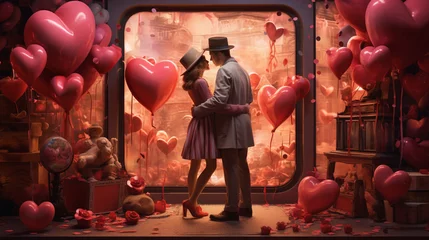 Poster Im Rahmen Couple enlacé dans un paysage rose romantique de saint Valentin © HKTR-atelier
