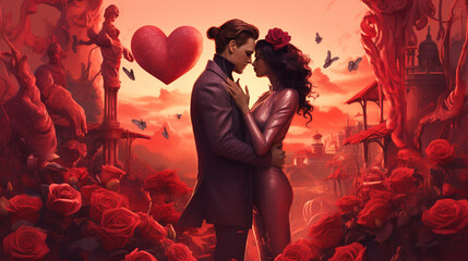 Couple enlacé dans un paysage rose romantique de saint Valentin