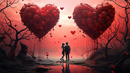 Couple amoureux avec deux énormes coeurs à la Saint Valentin - obrazy, fototapety, plakaty