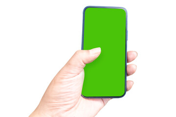 Hand holding mobile phone on PNG background with green screen. 