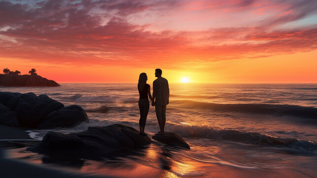 Couple romantique au bord de la plage pour la saint Valentin